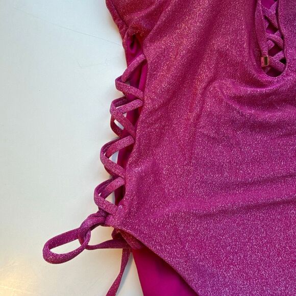 NWT Bar III Shimmer Lace-Up One-Piece Swimsuit, in shimmer pink Size M - Picture 5 of 8